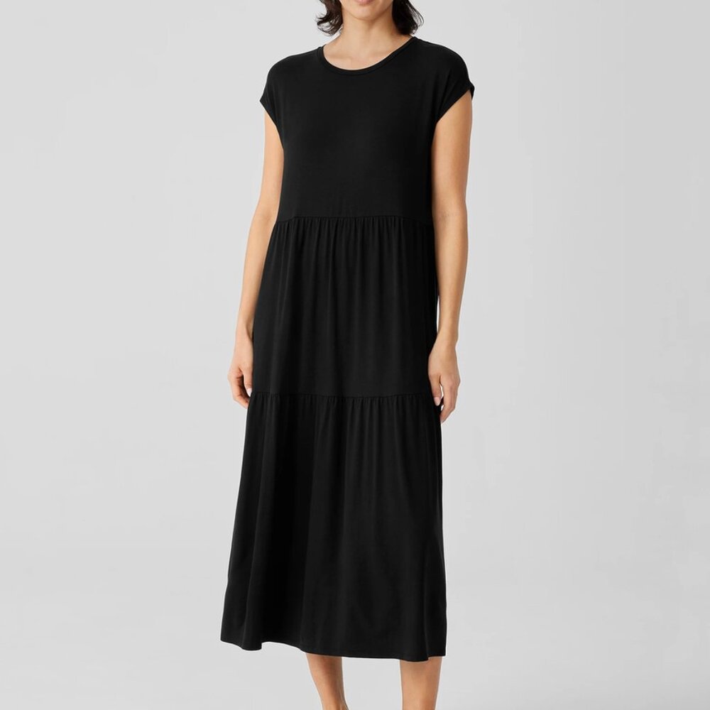 EILEEN FISHER XS Black Fine Jersey Tiered Dress Boxy Full Length